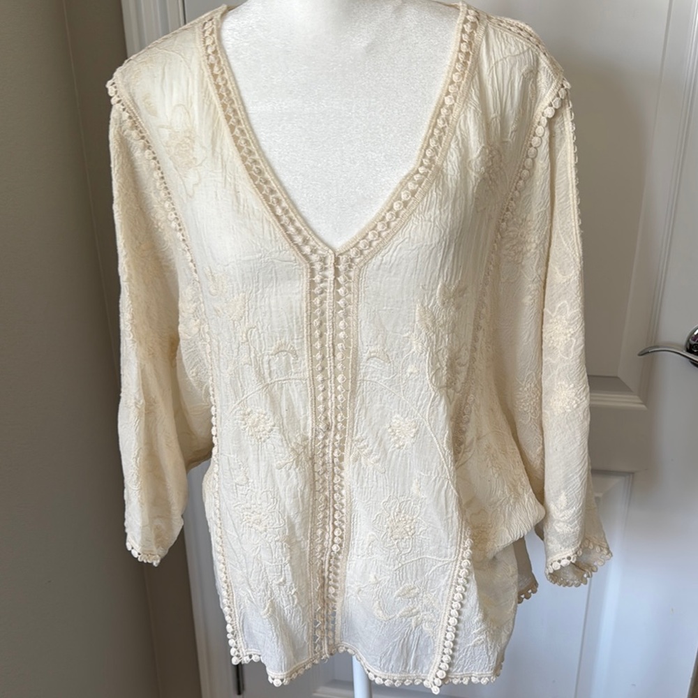 Cream Embroidered V-Neck Blouse